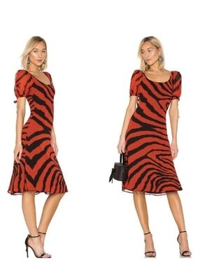 LPA Magda Red & Black Zebra Print Puff Sleeve Midi Dress Sz S